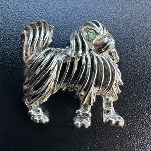 Vintage  Shaggy Dog With Green Rhinestone Eyes Brooch